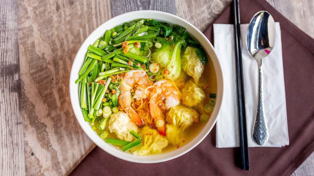 Wonton Egg Noodle Soup · Shrimp & pork wontons, BBQ Pork, chives & vegetables
