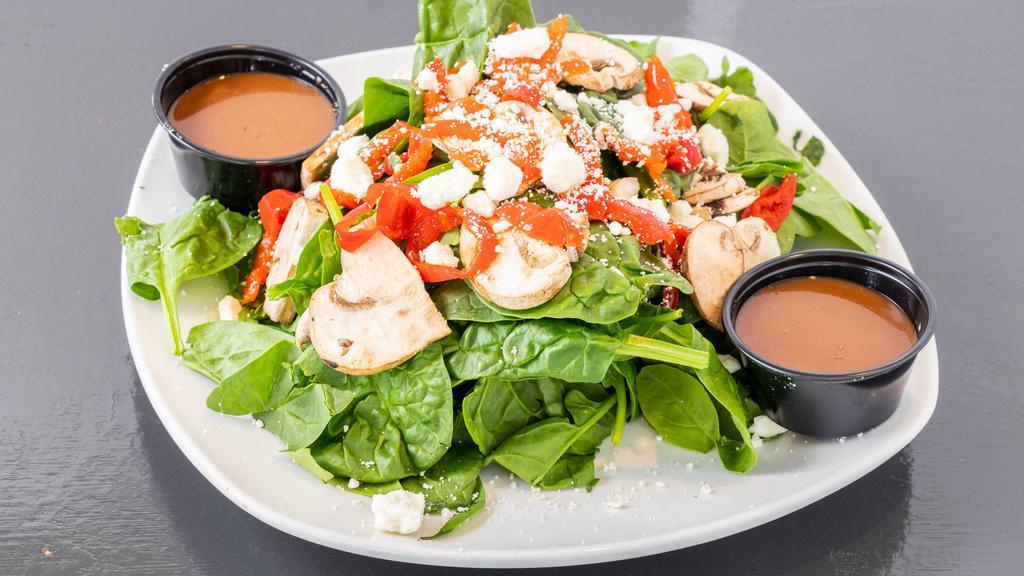 The Local Salad · Baby spinach, pepperdews, sliced mushroom, and feta with house-made balsamic vinaigrette or ranch.