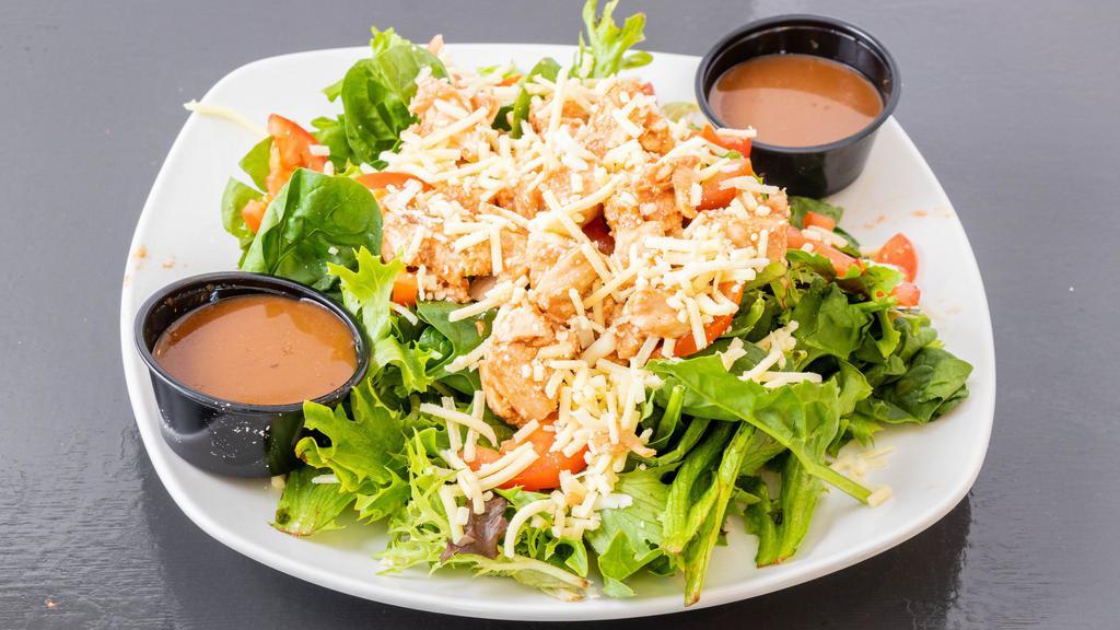 Bbq Chicken Salad · Mixed greens and spinach, bbq chicken, sharp white cheddar, and tomato white house-made balsamic vinaigrette or ranch.