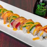 Rainbow Roll Ⓡ 8Pcs · California roll inside, top w salmon, tuna, yellowtail, spicy tuna, avocado, spicy mayonnais...