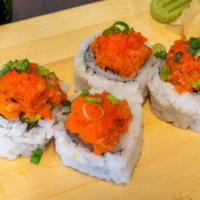 Crazy Salmon Roll Ⓡ 4Pcs · Salmon, avocado, green onion inside, top w spicy salmon and masago, ginger, wasabi, soy sauce.