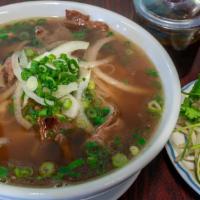 Pho Bo Ne (S) · Combined Rice Noodle, marinated beef, beef soup w bean sprout, cilantro, basil, lemon, jalap...