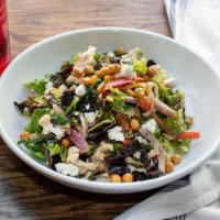 Susan Sarandon · pulled chicken, marinated chiles, crispy chickpeas, dried cherries, mixed greens, goat chees...