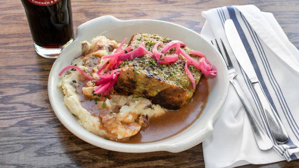 Not Your Mom'S Meatloaf · rocky mountain bison, townie ale, tomatillo glaze, mashed potatoes, brown gravy