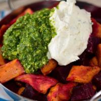 Beets & Sweets · roasted beets and sweet potatoes with arugula pesto and whipped goat cheese