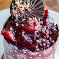 Cherry Forest · A vegan play on a Black Forest Cake. Chocolate cake brushed with red wine, semi-sweet chocol...