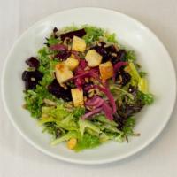 Clyde'S Og Salad · Mixed greens, beets, pickled onions, sunflower seeds, croutons, and Clyde's bleu cheese-hors...