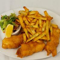 Fish & Chips · Pacific halibut dipped in beer batter and fried crispy, coleslaw, house tartar, lemon, house...