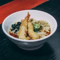 Tempura Udon · Shrimp Tempura 2pc, Wakame Seaweeds, Green Onion, Sesame seeds, Miso soup Basse, Udon Noodle.