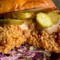 Southern Fried Chicken Sandwich · Boneless fried thigh, coleslaw, house pickles, JoJo sauce, butter roll.
