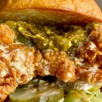 Spicy Chicken Sandwich · Spicy. Alabama white mustard sauce, crystal honey, smoked pepper relish, pickles, shredded l...