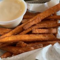 Sweet Potato Fries, Maple Cream · Sweet potatoes fries cooked by order, serve with Maple Cream Sauce.