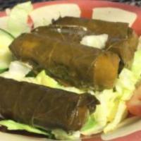 Dolmathes Entrée · Four grape leaves stuffed with wild rice in zesty olive oil with hummus and salad. Served wi...