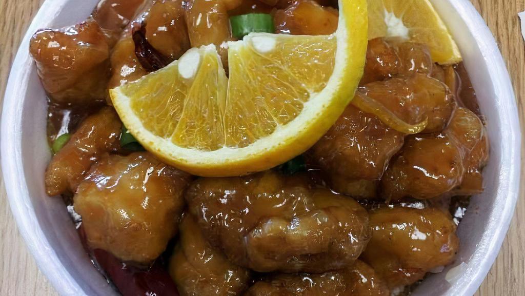 Orange Chicken  · Hot and spicy. Battered and deep fried or chicken with orange flavor. sauce over rice.