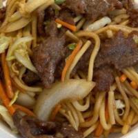 Yakisoba- Beef · Stir fried with soft noodle, mixed vegetables and meat over rice.
