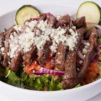 Steak Salad · Romaine, Cabbage Blend, Steak, Gorgonzola Chz, Diced Tomato, Cucumbers, Red Onions, Balsamic...