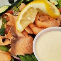 Smoked Salmon Salad · Romaine, Cabbage Blend, Smoked Salmon, Diced Tomato, Black Olives, Green Peppers, Cucumbers,...