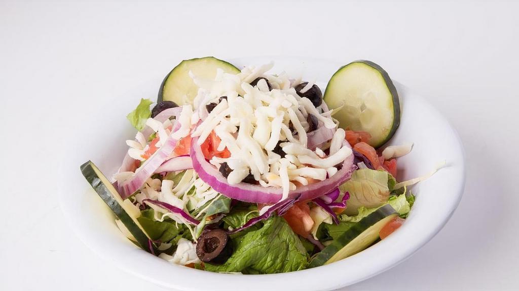 Side Salad · Romaine, Cabbage Blend, Mozzarella Cheese, Tomato, Cucumber, Red Onion, Black Olive, Choice Of Dressing
