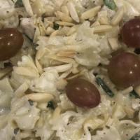 Lemon Tarragon Pasta Salad · bow tie pasta, chicken, grapes, green onion, celery, almonds, creamy lemon tarragon dressing