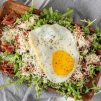 Arugula + Runny Egg Salad · organic baby arugula, smoked bacon, cage free runny egg topped with beecher’s flagship chees...