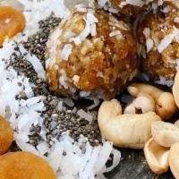 Apricot Energy Bites · Apricots, coconut, dates, cashews, pecans, flaxseeds, chia seeds.