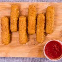 Mozzarella Sticks (6) · Deep fried breaded thick Mozzarella sticks, served with a side of Marinara sauce.