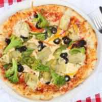 Vegetarian Pizza · Pizza sauce with Mozzarella cheese, mushroom, green peppers, onions, black olives and tomato...