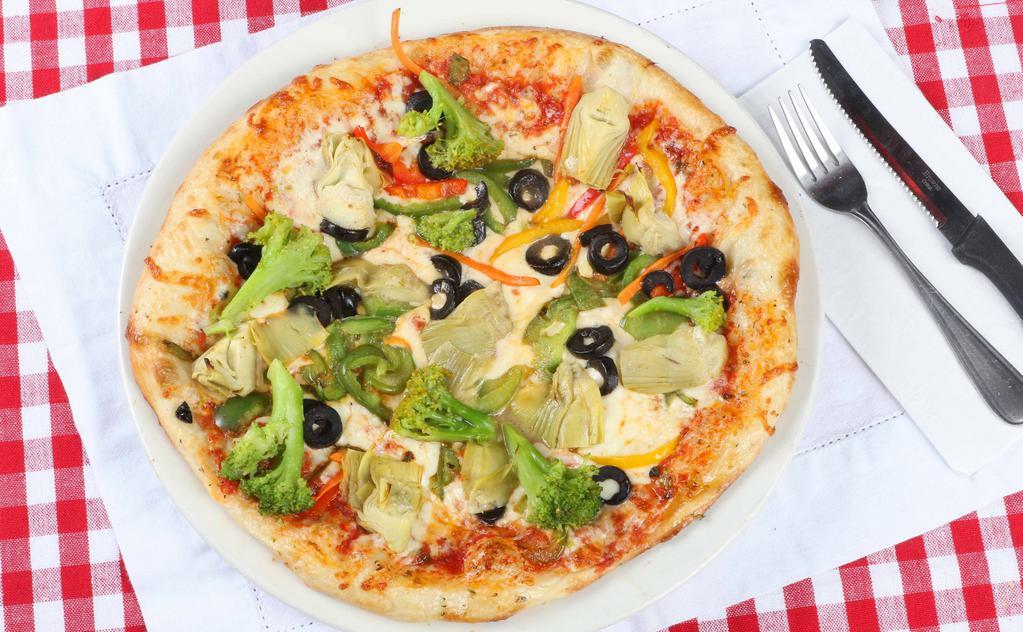 Vegetarian Pizza · Pizza sauce with Mozzarella cheese, mushroom, green peppers, onions, black olives and tomatoes.