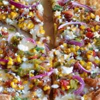 Elote Pizza · Elote cream sauce, mozzarella cheese, hatch green chile, bacon, red onion, Mexican street co...