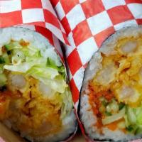 California Sushi Burrito · Crab salad, crab stick, avocado, cucumber, tobiko, and Japanese mayo. Best match with soy sa...