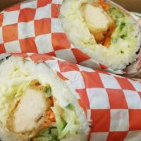 Chicken Nanban Sushi Burrito · Fried Chicken breast dipped in Honey Soy Vinaigrette sauce, cabbage, cucumber, carrots, devi...