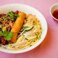 Rice Vermicelli With Bbq Pork And Egg Rolls · 