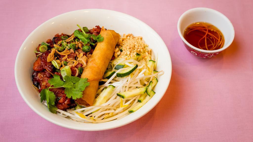 Rice Vermicelli With Bbq Pork And Egg Rolls · 