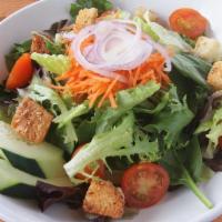Landing House Salad · Mixed greens, tomato, carrot, red onion, cucumber, house-made garlic-herb croutons, Balsamic...