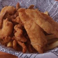 Fried Northwest Platter · Alaska True Cod, surf clam strips, and shrimp served with French Fries