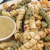 Karroo Pasta Salad · Twirled rainbow noodles, peas, red peppers, and black olives. Served with roll, butter, and ...