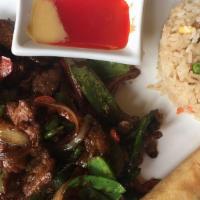 Jalapeno Steak Dinner · Spicy. Tender slices of beef stir-fried with jalapenos, bell peppers, onions, snow peas and ...