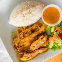 Chicken Satay · Chicken marinated in curry powder, romaine lettuce, pickled cucumber and carrot, red onion, ...