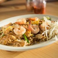 Pad Thai · Stir-fried rice noodles with peanut, egg, bean sprout, chinese chive, and tamarind sauce. Gl...