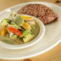 Green Curry Chicken · Chicken with thai eggplants, zucchini, green bean, bell pepper, and sweet basil. Gluten free.