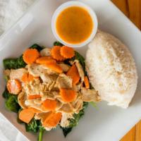 Spinach Rama · Chicken, fried tofu, or prawn with stir-fried spinach and carrot topped with peanut-free mun...