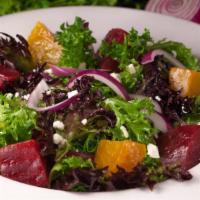 Roasted Beet Salad · Vegetarian, vegan without goat cheese. Gluten free. Roasted red and golden beets, mixed gree...