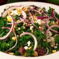 Kale Salad · Vegetarian, vegan without goat cheese. Gluten free. Kale, red onions, garbanzo beans, pine n...