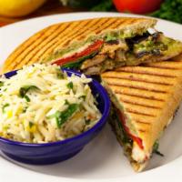 Grilled Chicken-Pesto Panini · Tender grilled chicken breast with provolone cheese, fresh spinach, and roasted red pepper. ...
