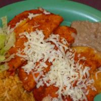 Enchilada Plate · Chicken, or cheese enchiladas. Served with tortillas, rice and beans.