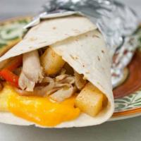 Late Start Bbq Chicken Breakfast Burrito · Two scrambled eggs with chicken, crispy potatoes, melted cheese, BBQ sauce, and caramelized ...