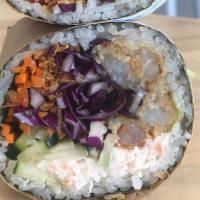Shrimpin’ Sushi Burrito [Sesame] · Shrimp Tempura x4, Surimi Crab, Sriracha Aioli, Salad Mix, Carrot, Fried Onions