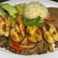 Isla Bahia · Carne Asada, Camarones, Arroz, Ensalada y Frijoles. Steak, Shrimps, Salad, Rice and Beans.