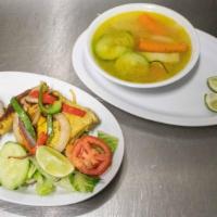Sopa De Gallina · Hen Soup. Veggies. Grilled Hen, Rice and Salad. Tortillas