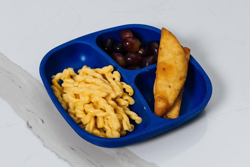 Lil' Mac + Cheese · includes orange slices + choice of pita strips or seasonal veggies.